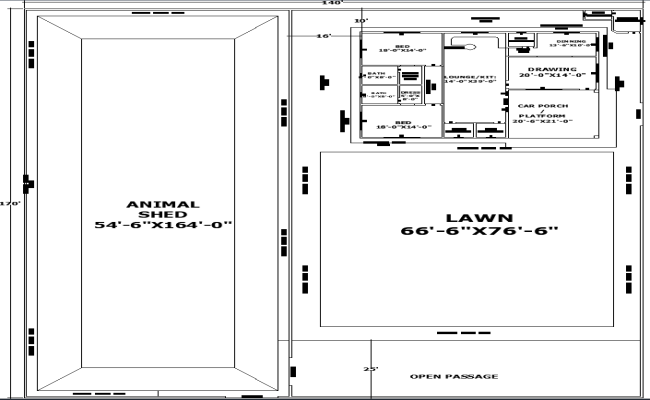 140x170 Farmhouse DWG Plan with Shed, Lawn, and Residence