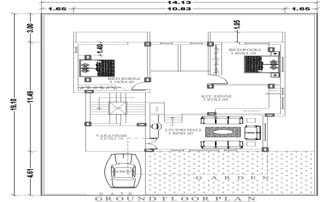 14.13x19.10m 2BHK Ground Floor Plan in AutoCAD Format