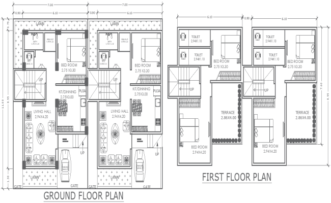 14mx11m Ground and First Floor House Layout Plan DWG format