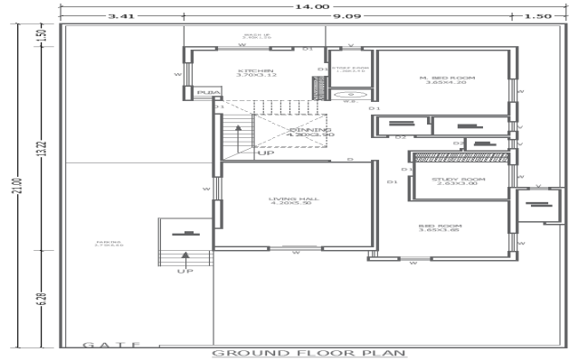 DWG Plan for 3BHK House Design on 14x21m Ground Plot