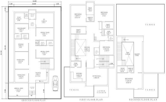 14m x 21m Ground Floor Hospital Layout With First And Second Floor House Plan AUTOCAD DWG File