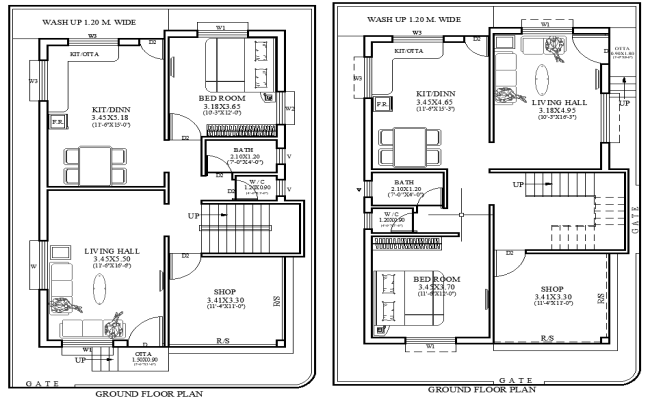 AutoCAD Drawing for 1BHK and Shop Layout 14m×9m Plan