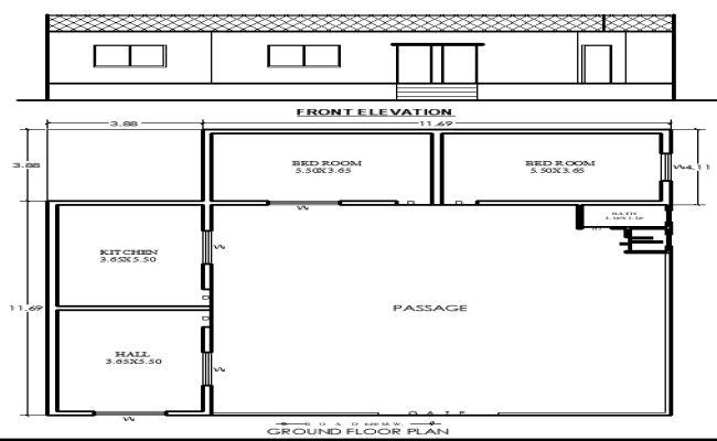 15.57mx15.57m 2BHK House Elevation and Floor Plan in DWG File Format
