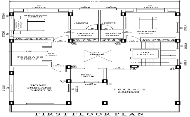 First Floor Residential Plan 15.94m×11m AutoCAD DWG File