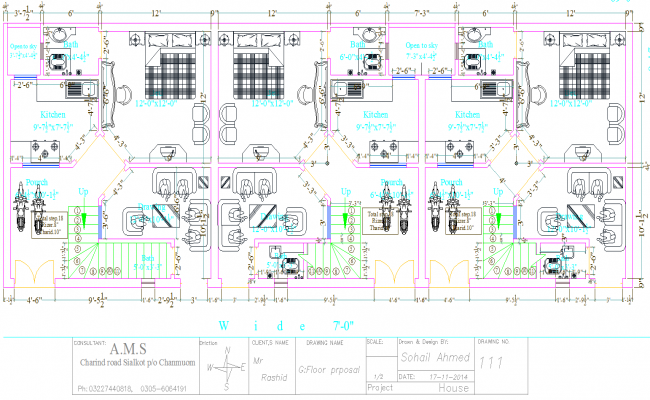 AutoCAD Bungalow Plan DWG Showing 2D Layout with Furniture Dimensions