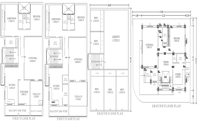 DWG Layout 15ftx12ft Mixed-Use House with Shop Design
