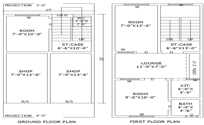 15x25ft House Plan with Shop and 3BHK Layout DWG File