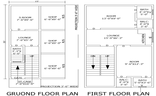 15x30ft mixed-use house and shop DWG ground floor plan