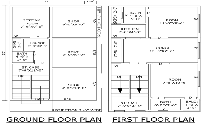 15x30 ft shop and house plan DWG with ground floor design
