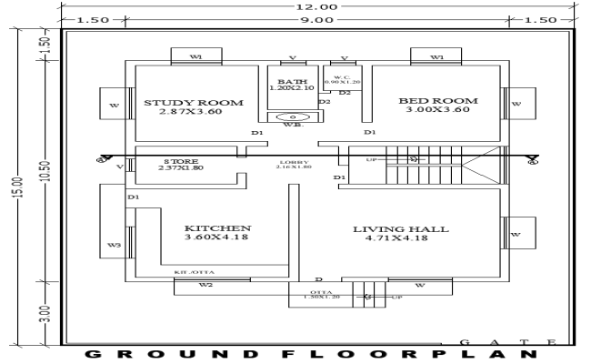 AutoCAD Drawing 15m×12m 2BHK Ground Floor Home Plan