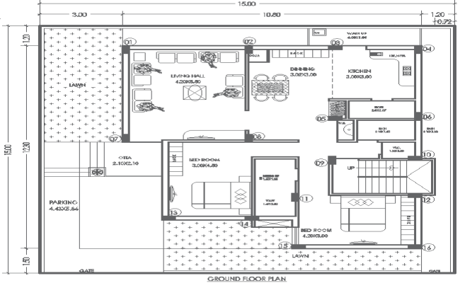 15mx15m Modern 2BHK Ground Floor House Layout in DWG File