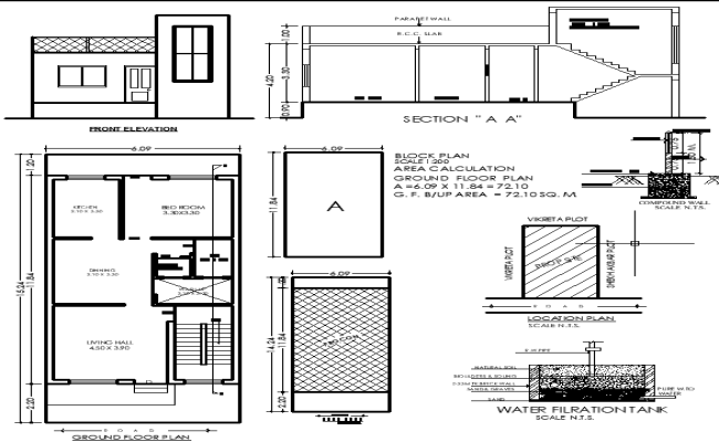 15mx6m 1BHK Bungalow AutoCAD Drawing with Elevation and Section