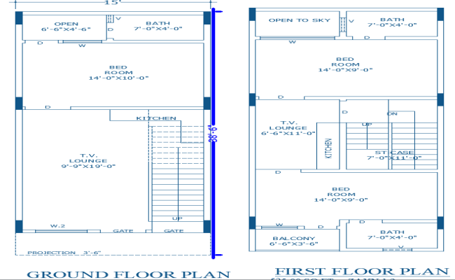 Detailed 15?×38?6? Two-Storey House Plan in AutoCAD File