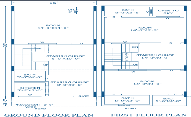 Compact 15×38 ft Residential House Plan in AutoCAD File