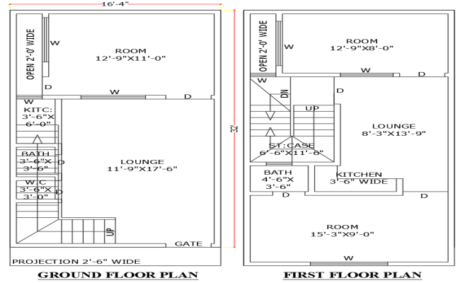 16.4ftx32ft 3BHK Ground and First Floor House Plan DWG File