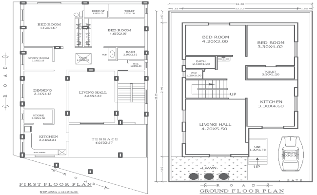 16.50mx28.5m 4BHK House Plan with Two Floors in DWG File