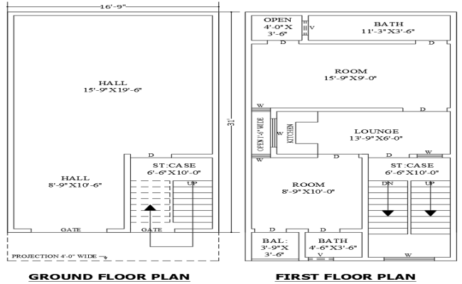 16.9x31 2BHK House Plan with Spacious Living Hall
