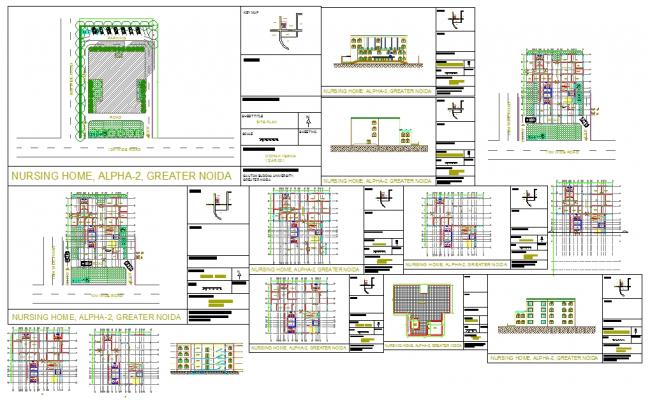 Nursing home layout plan with site plan, floor plans and sections
