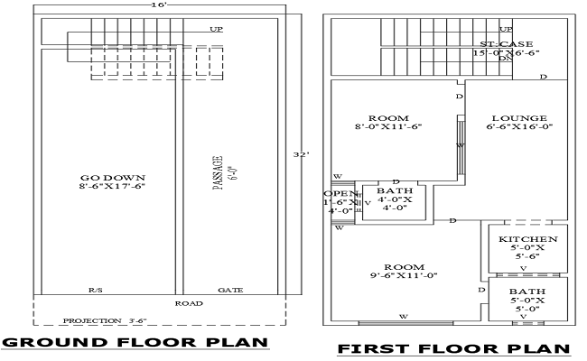 16ftx32ft 2BHK House Plan with Attached Godown Layout