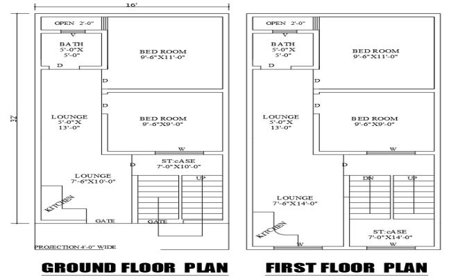 16ftx32ft 4BHK House Plan with Ground and First Floor