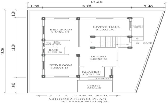 2BHK Ground Floor Plan in DWG 16mx14.25m House Design