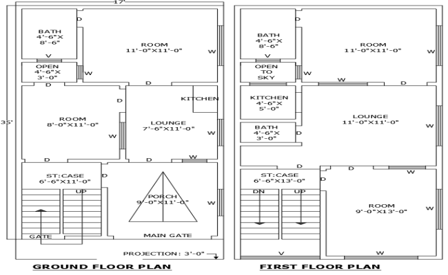 17ftx35ft 4BHK House Plan with Ground and First Floor