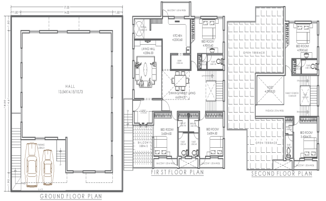 17mx18m 5BHK House Plan with Three Floor Design in DWG File