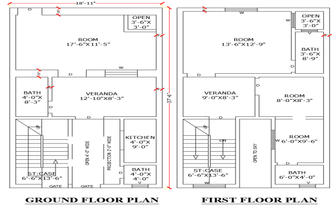 18.11x37.6ft 4BHK house plan DWG ground and first floor