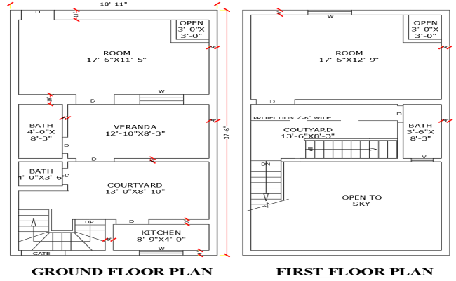 18.11x37.6ft 2BHK house plan DWG ground and first floor