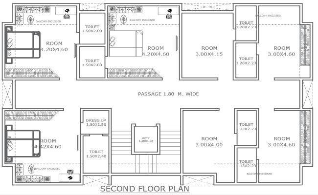 18.15ft to 11.60ft Hotel Second Floor Layout Design AutoCAD DWG Download