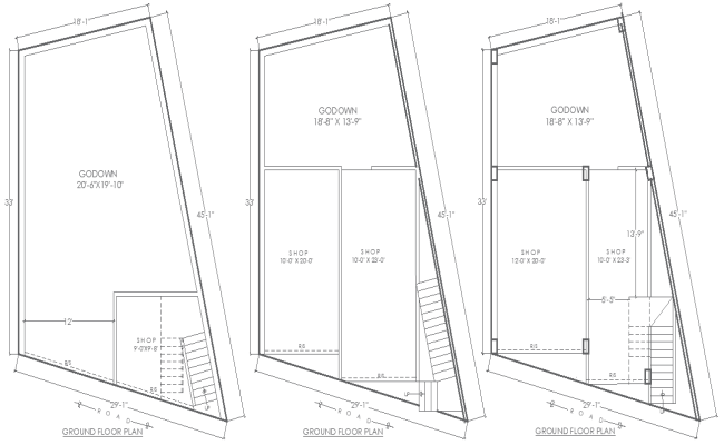 18.1ft x 33ft Three Different Ground Floor Godown and Shop Layout Plan Design AutoCAD DWG File
