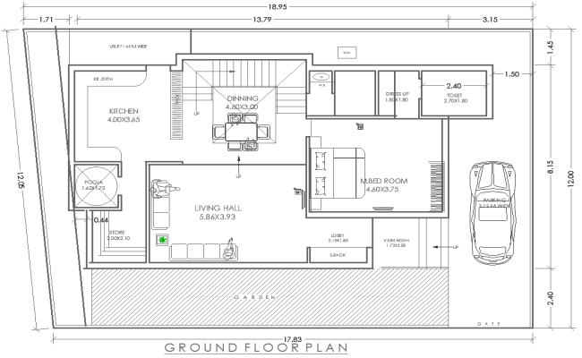 18.95m×12m 1BHK House Ground Floor AutoCAD Drawing