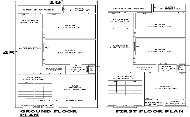 18x45 Residential House DWG Plan with Ground Floor Layout