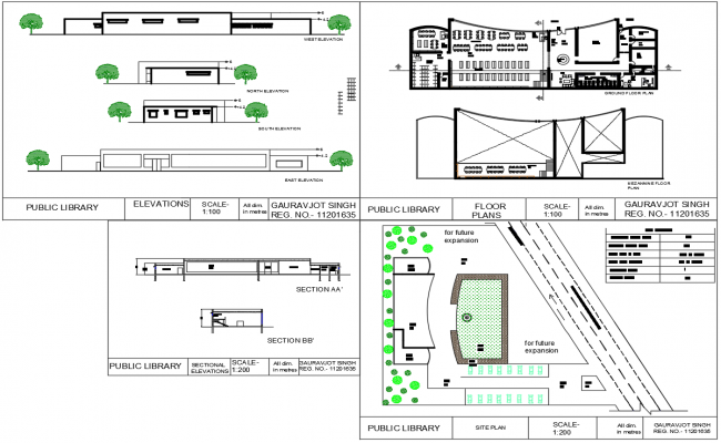 Public library AutoCAD DWG with 20000 books layout and elevation plan
