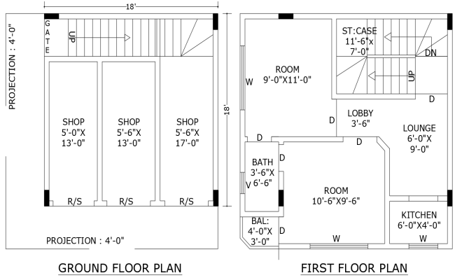 18x18 Feet Compact 2BHK Plan with Attached Shop Area