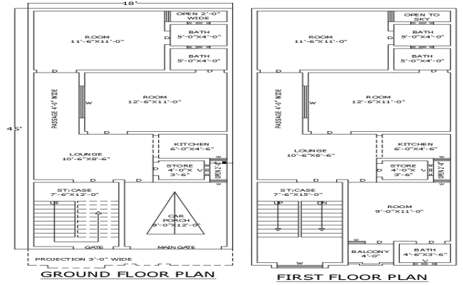 18ftx45ft 5BHK House Plan with Ground and First Floor Layout
