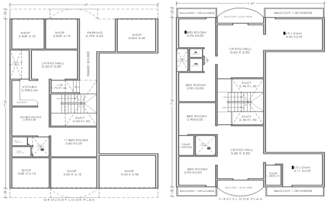 19.60m×11.47m Ground and First Floor DWG House Design