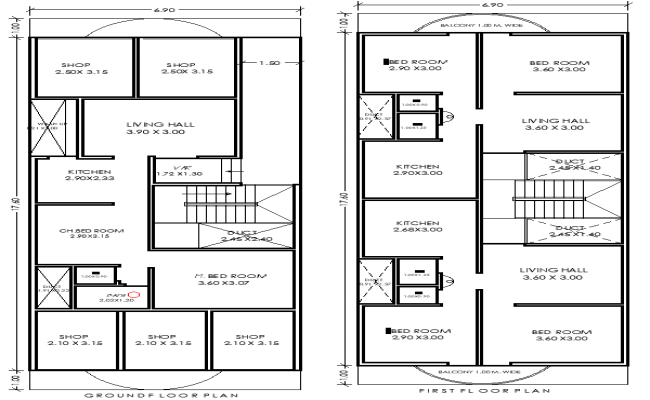 AutoCAD DWG House Plan 19.60mx6.90m Two Floors with Shop