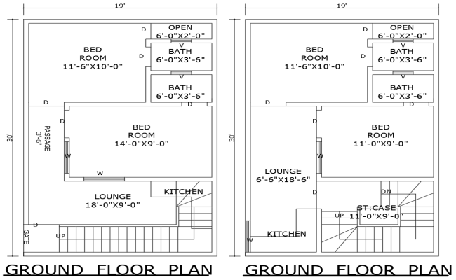 19x30ft 2BHK two ground floor house plans in DWG format