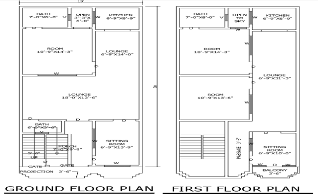 19ftx50ft Ground and First Floor House Plan DWG File