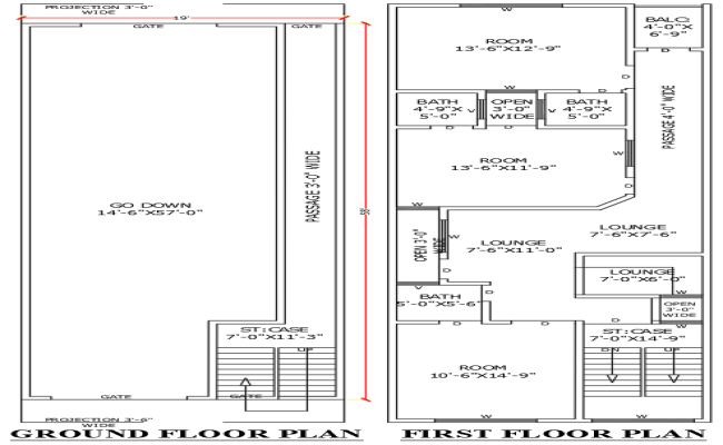 19x58 ft 2BHK house with godown plan in DWG AutoCAD file