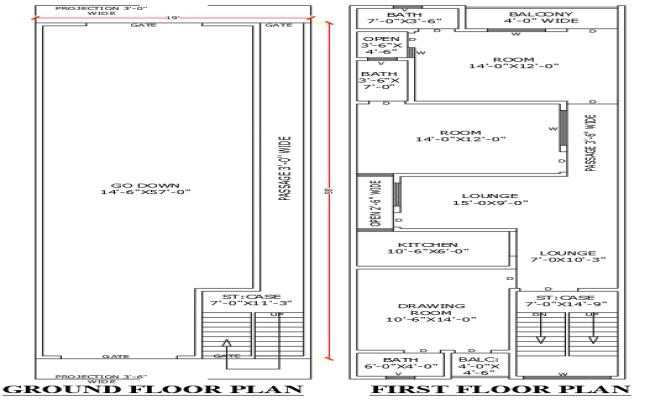 19x58m 2BHK house plan DWG with godown floor layout