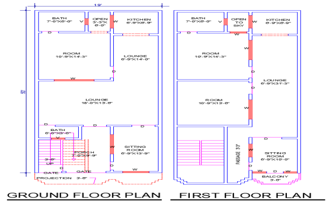 19' x 50' House Plan AutoCAD DWG with 3 Bedrooms - 2 Baths.