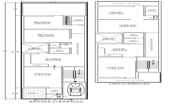19x76Feet Ground and First Floor House Plan 2BHK DWG File