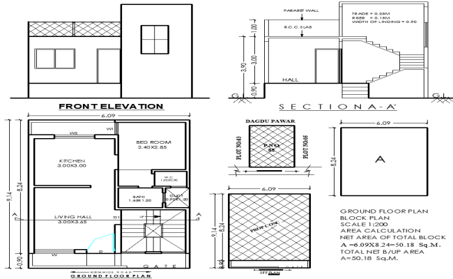 1 BHK 9.14×6.09m Residential House Plan with Elevation DWG File