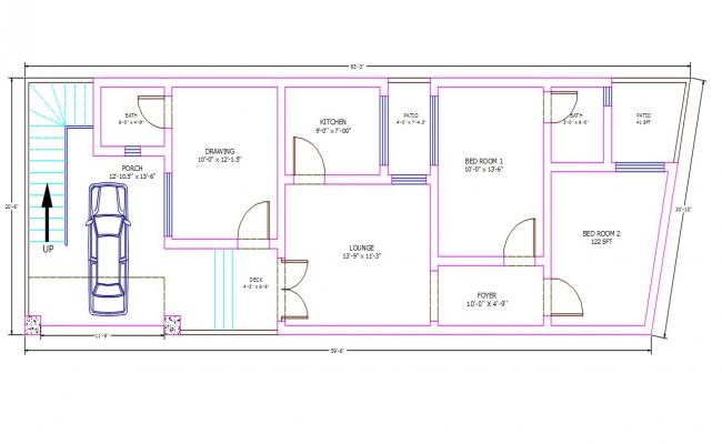 20' X 63' Car parking 2 BHK House Ground Floor Plan DWG File