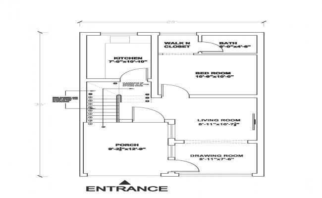 20 x 36 architectural plan with porch and large kitchen.