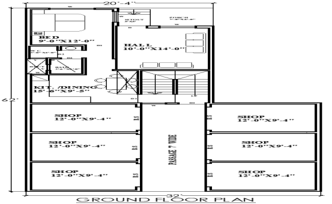 20.4ft x 62ft Ground Floor House and Shop Plan Design – AutoCAD DWG File