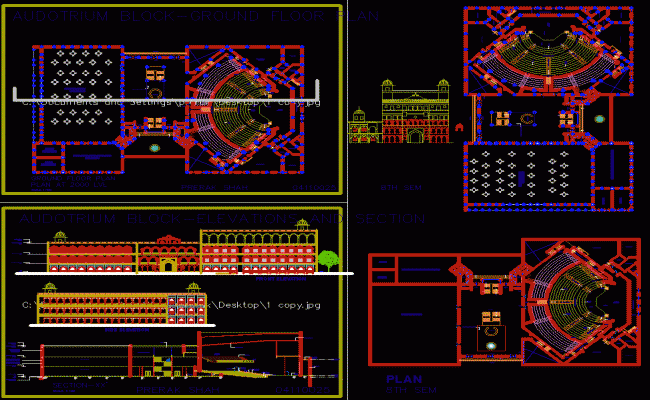 Multiplex Auditorium 80x50m AutoCAD DWG with Plan Elevation Section