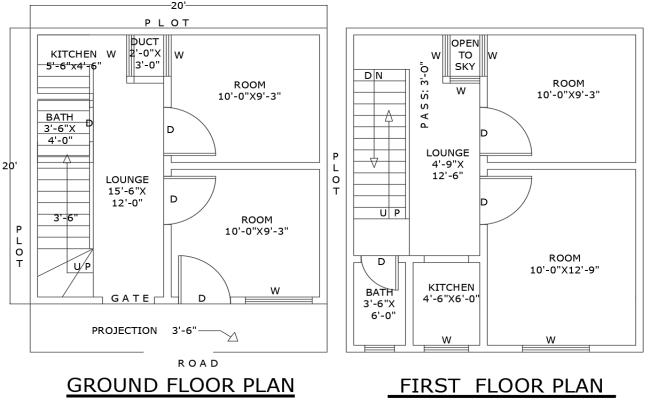 20ft x 20ft Ground and First Floor House Plan Design – AutoCAD DWG File